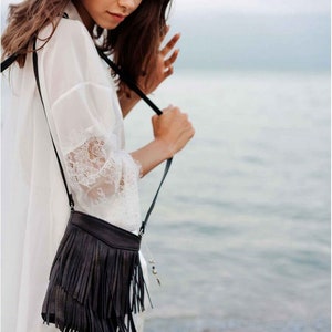 Boho crossbody bag with fringe, Fringe leather purse, Hippie bag, Canvas leather bag with zipper, Mini crossbody bag, Beige handbag image 11