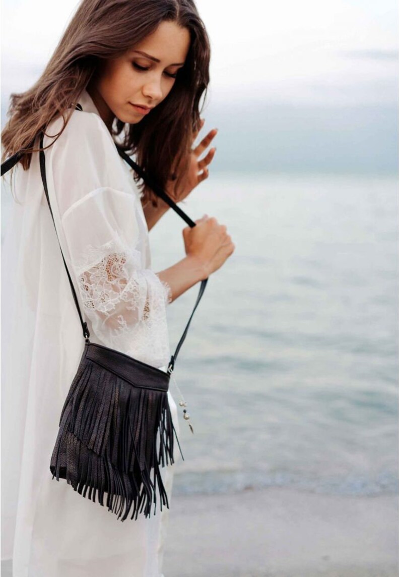 Boho crossbody bag with fringe, Fringe leather purse, Hippie bag, Canvas leather bag with zipper, Mini crossbody bag, Beige handbag image 11