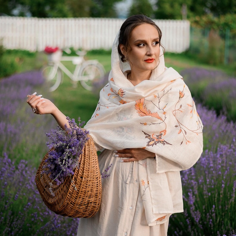 Ivory Linen Embroidered Scarf with Autumn Leaves – Lightweight Floral Shawl Wrap for Women, Modest Head Covering for Prayer or Fall