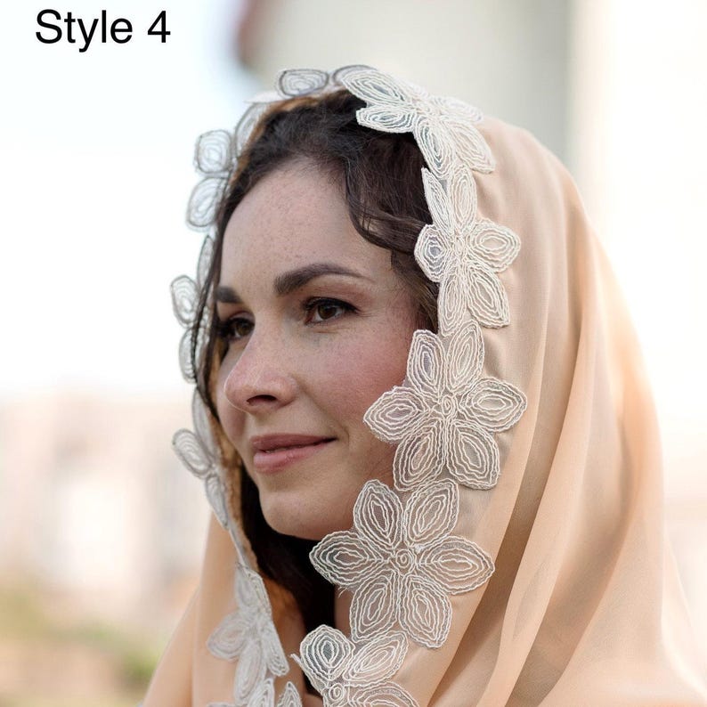 Peach Chapel Veil Mantilla with Floral Lace Trim, Orthodox Church Headscarf Hooded Snood, Modest Head Covering for Mass, Liturgy, Wedding