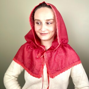 Red linen hooded scarf with lace trim, Lightweight head covering, Vintage inspired capelet