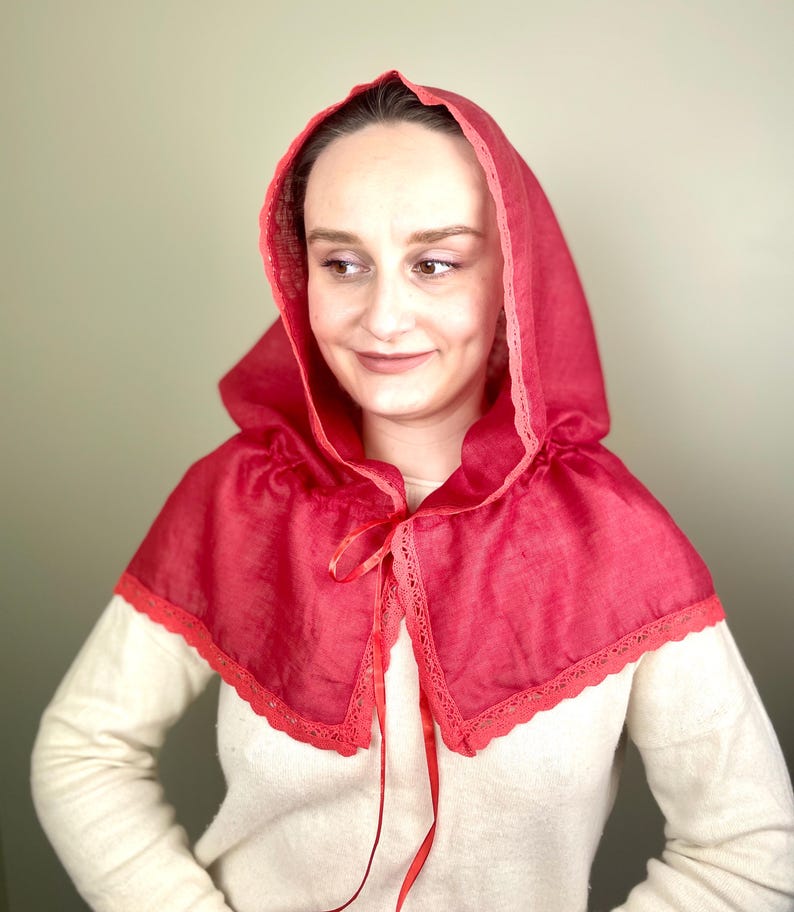 Red linen hooded scarf with lace trim, Lightweight head covering, Vintage inspired capelet