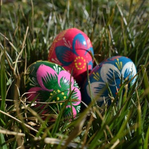 May include: Three decorated Easter eggs with floral designs in a bed of green grass. The eggs are painted in bright colors, including pink, blue, and green. The floral patterns are detailed and add a festive touch.
