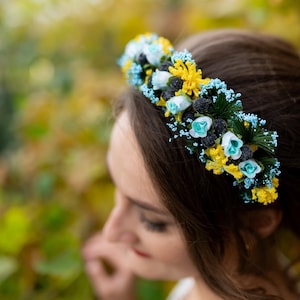 Handmade vinok headpiece for festivals and traditional celebrations, Ukrainian flower crown in yellow and blue with black accents