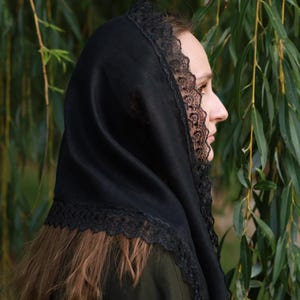 Black lace trim chapel veil scarf mantilla, Modest head covering for church, Orthodox catholic mass, Lightweight linen look prayer shawl