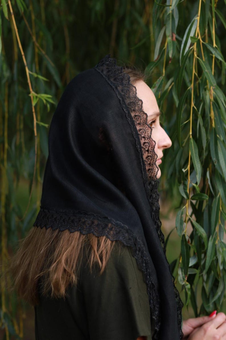 Black lace trim chapel veil scarf mantilla, Modest head covering for church, Orthodox catholic mass, Lightweight linen look prayer shawl