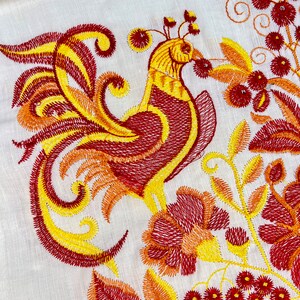 Traditional Ukrainian Rushnyk, Embroidered Linen Ritual Towel with Folk Birds and Floral Motifs, Red Crochet Edge