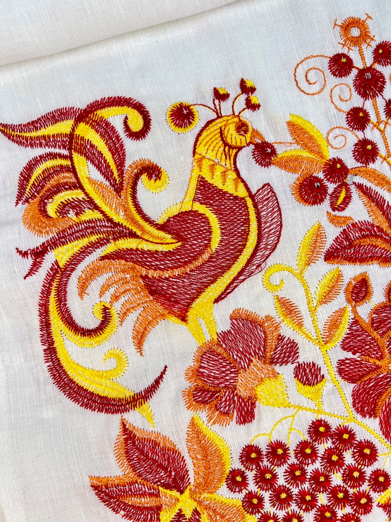 Traditional Ukrainian Rushnyk, Embroidered Linen Ritual Towel with Folk Birds and Floral Motifs, Red Crochet Edge