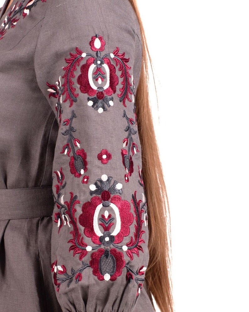 Gray Linen Embroidered Dress, Ukrainian Vyshyvanka Style with Burgundy Floral Sleeves, Long Sleeve Belted Midi Folk Boho Outfit, Handmade