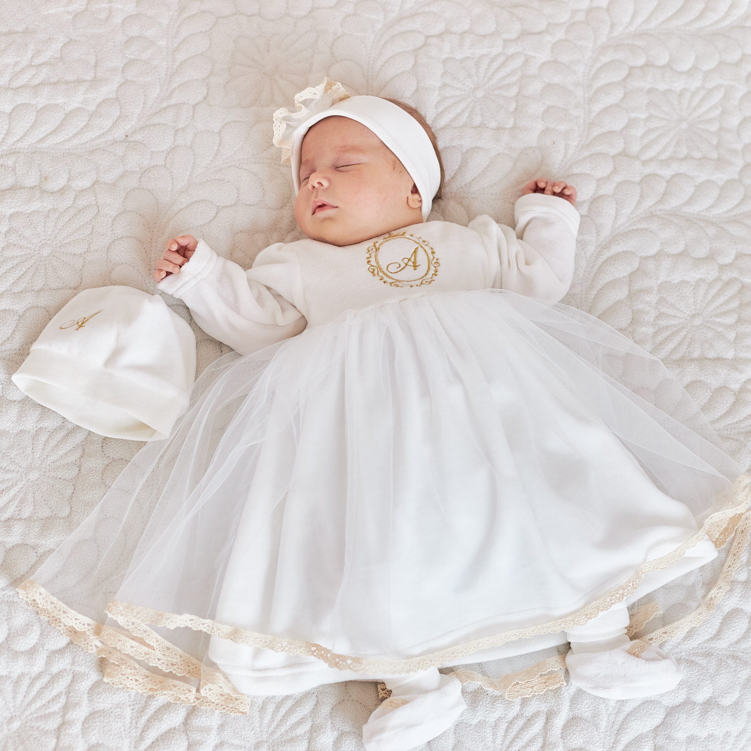 Ivory Christening Dress for Baby Girl Monogrammed, Baptism Outfit for