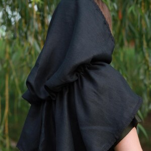 Victorian capelet black linen hooded lace trim shawl with ribbon tie, Modest church veil cowl, Gothic cloak style cover for weddings prayer
