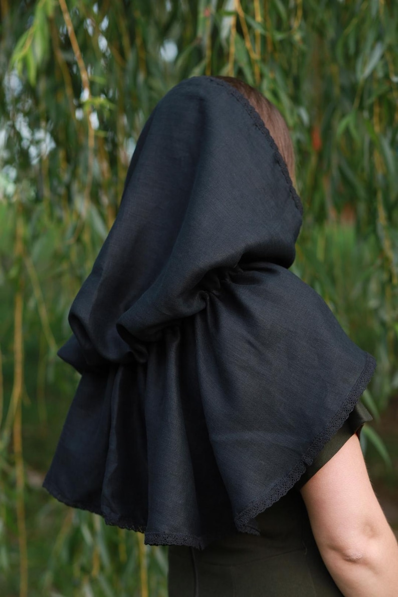 Victorian capelet black linen hooded lace trim shawl with ribbon tie, Modest church veil cowl, Gothic cloak style cover for weddings prayer