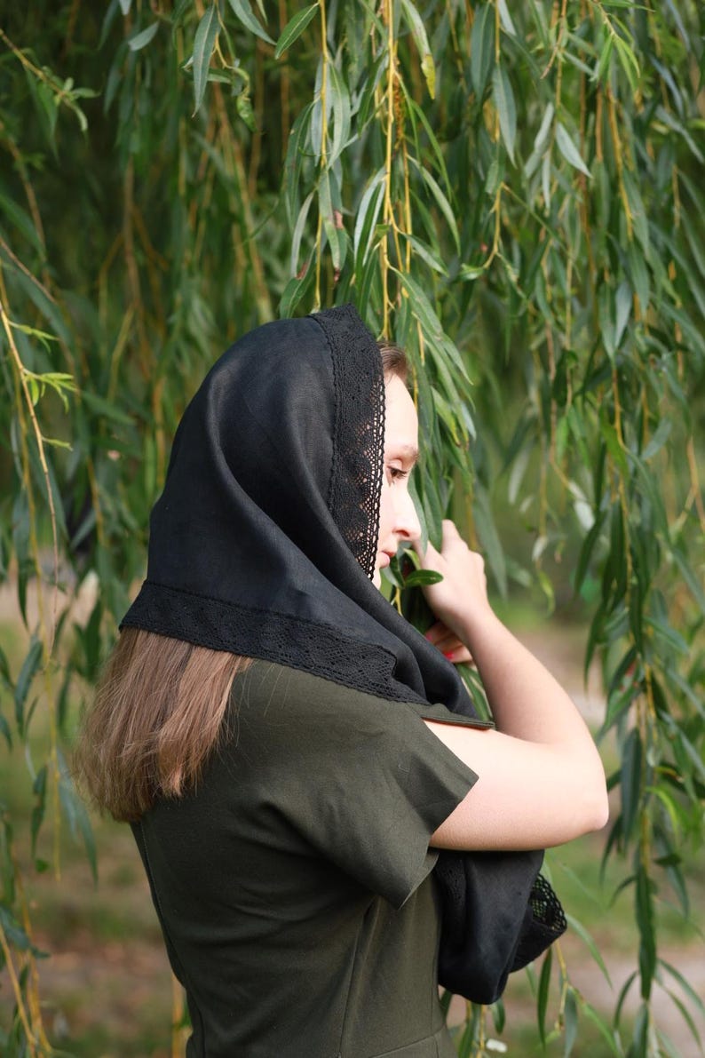 Mantilla church veil black head scarf with lace trim for women, Traditional orthodox catholic prayer shawl for worship and modest wear