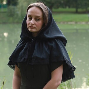 Black linen hooded capelet with lace trim, Victorian cottagecore hood shawl, Modest head covering, Renaissance costume cloak wrap