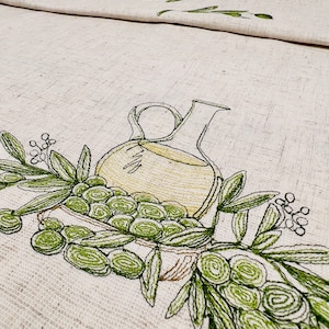Olive Embroidered Runner, Linen Italian Rug, Vegetable Kitchen, Kitchen Tuscan Decor, Olive Branch Table Topper image 3