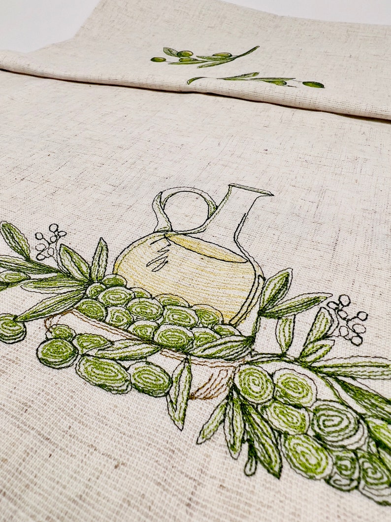 Olive Embroidered Runner, Linen Italian Rug, Vegetable Kitchen, Kitchen Tuscan Decor, Olive Branch Table Topper image 3