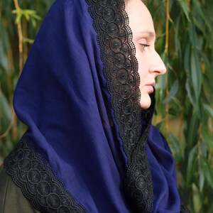 Lace shawl wrap navy blue head scarf for women with black floral lace trim – Mantilla church veil for prayer and spiritual events