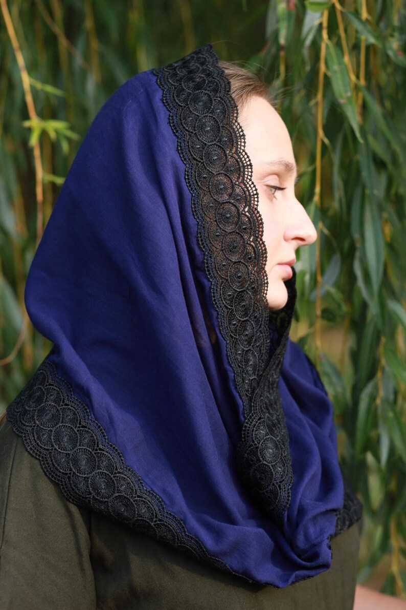 Lace shawl wrap navy blue head scarf for women with black floral lace trim – Mantilla church veil for prayer and spiritual events