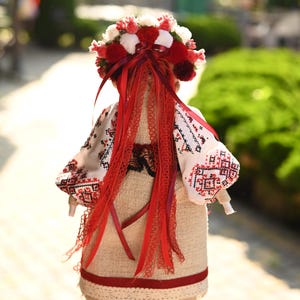 Handmade Ukrainian Motanka doll with embroidered face and traditional wreath, Collectible doll art, Unique decorative gift image 2