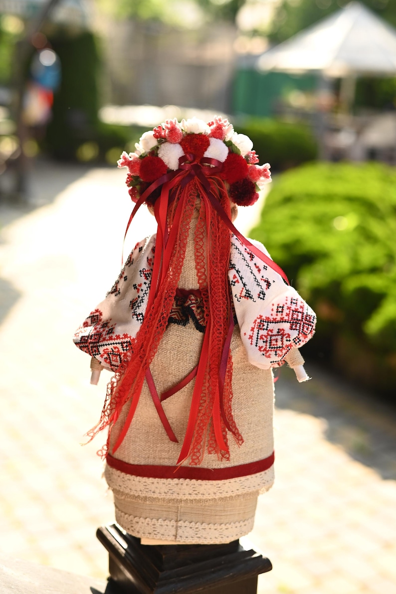 Handmade Ukrainian Motanka doll with embroidered face and traditional wreath, Collectible doll art, Unique decorative gift image 2
