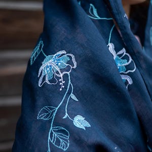 Floral embroidered linen scarf shawl wrap