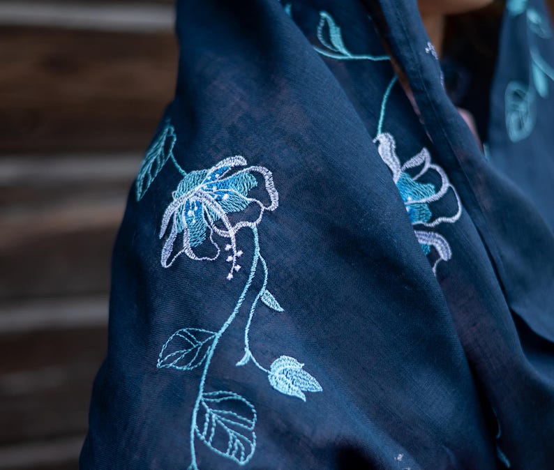 Floral embroidered linen scarf shawl wrap