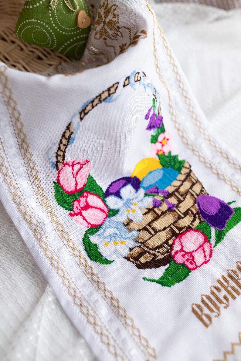 Cross stitch rushnyk with floral & Easter eggs