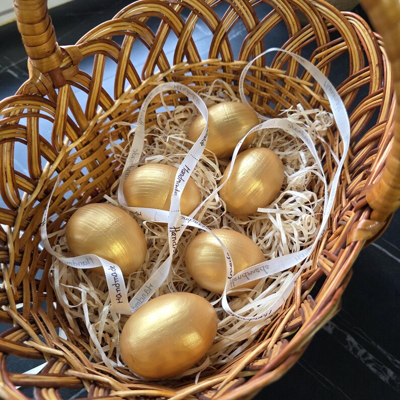 Hand painted gold decorative eggs, Handmade seasonal decor, Symbolic spring home accent, Modern rustic display