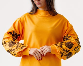 Yellow Ukraine sweatshirt with black embroidered flowers, Holiday sweatshirt, Folk shirt, Ukrainian peasant sweater, Floral sweater