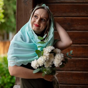 Mint green lace chapel veil