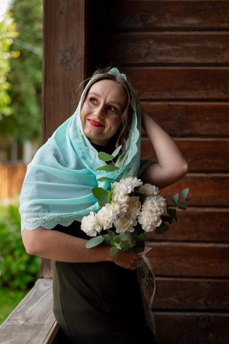 Mint green lace chapel veil