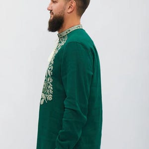 Men’s Green Ukrainian Embroidered Vyshyvanka Shirt, Long Sleeve Linen Folk Top with Light Green Floral Pattern, Tassel Tie Collar and Cuffs