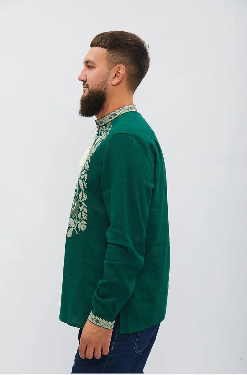 Men’s Green Ukrainian Embroidered Vyshyvanka Shirt, Long Sleeve Linen Folk Top with Light Green Floral Pattern, Tassel Tie Collar and Cuffs