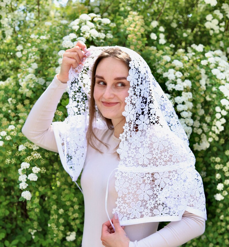 Lace Head Covering with Floral Pattern, Symbolic White Textile Accessory, Decorative Veil for Cultural Styling and Photography