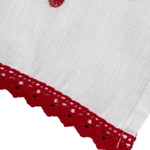 Traditional Ukrainian Rushnyk, Embroidered Linen Ritual Towel with Folk Birds and Floral Motifs, Red Crochet Edge