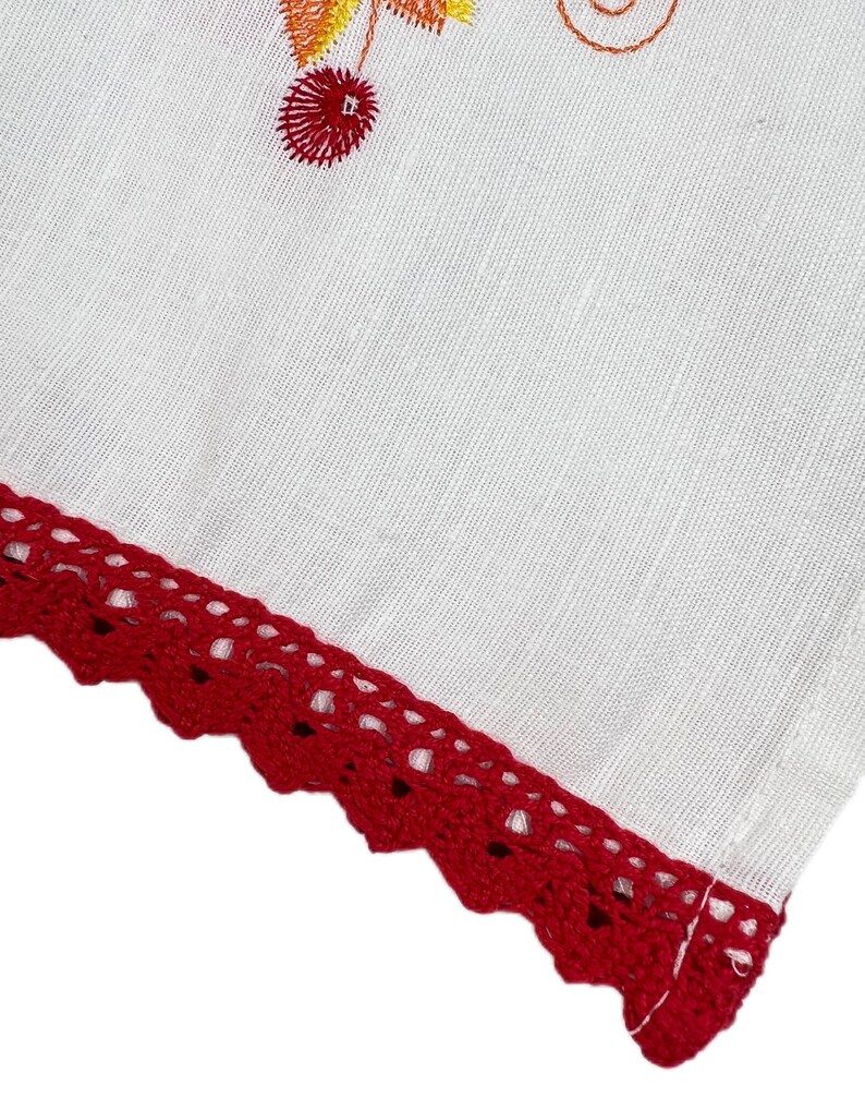 Traditional Ukrainian Rushnyk, Embroidered Linen Ritual Towel with Folk Birds and Floral Motifs, Red Crochet Edge