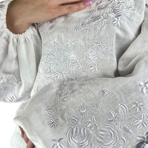 White Linen Embroidered Blouse, Ukrainian Vyshyvanka Top, Boho Off Shoulder Shirt, Floral White on White vyshyvanka