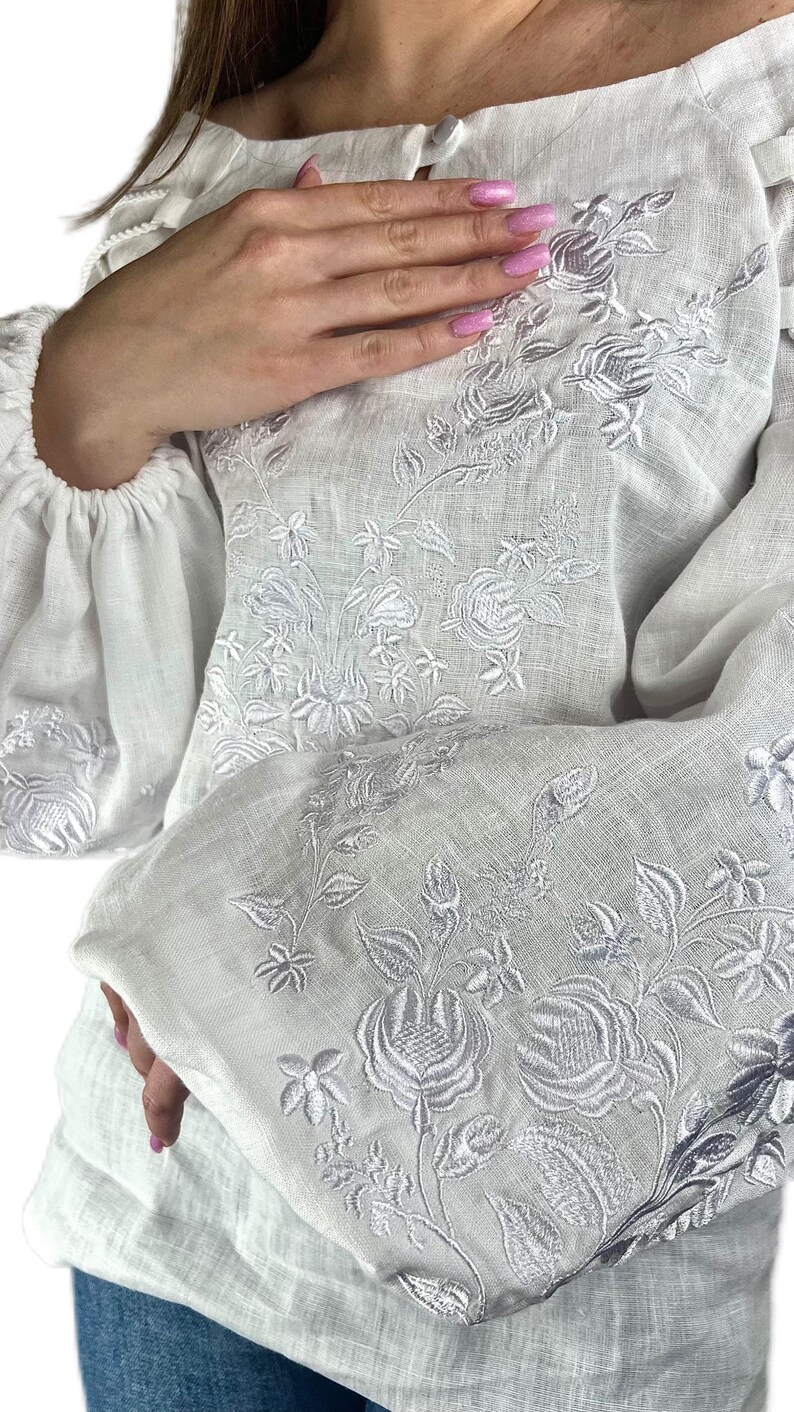 White Linen Embroidered Blouse, Ukrainian Vyshyvanka Top, Boho Off Shoulder Shirt, Floral White on White vyshyvanka