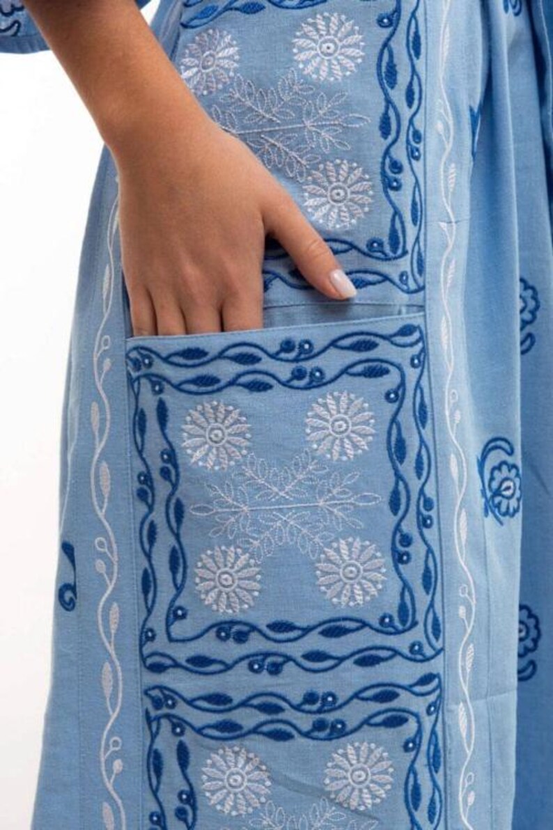 Light blue embroidered linen dress