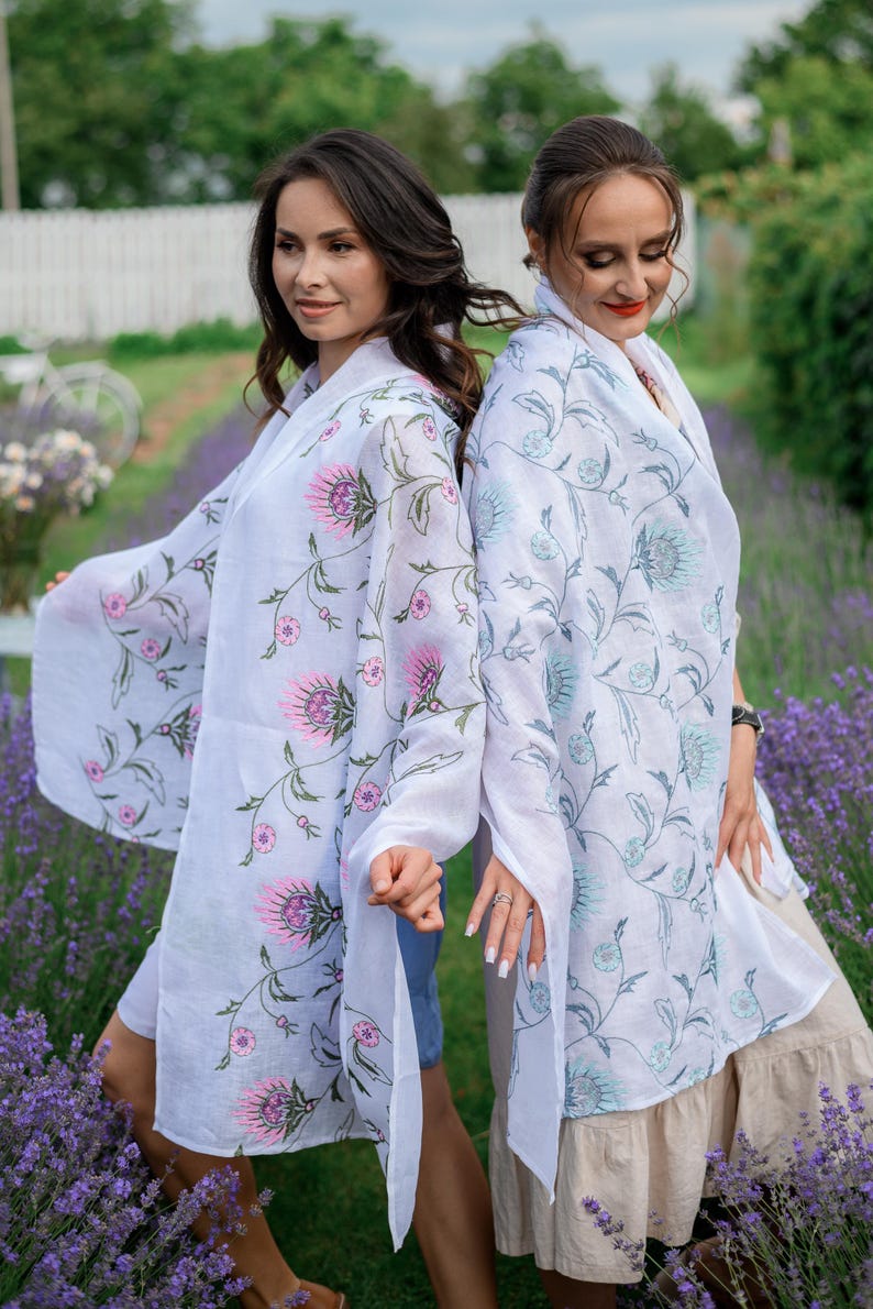 White Linen Shawl with Thistle Floral Embroidery, Lightweight Handmade Scarf, Botanical Wrap, Folk Style Linen Scarf for Women