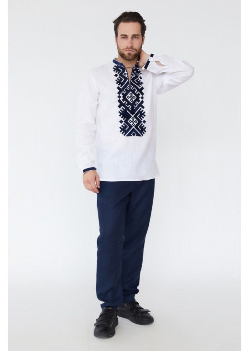 White with blue embroidery