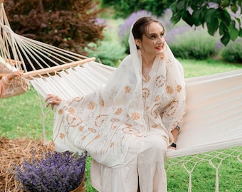 Natural Linen Scarf with Golden Floral Embroidery – Lightweight Modest Wrap for Women, Elegant Botanical Head Covering or Shawl