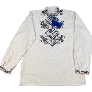 Men’s Ukrainian Embroidered Shirt Vyshyvanka, White Folk Long Sleeve with Blue Geometric Pattern and Tassel Neck, Traditional Slavic Top