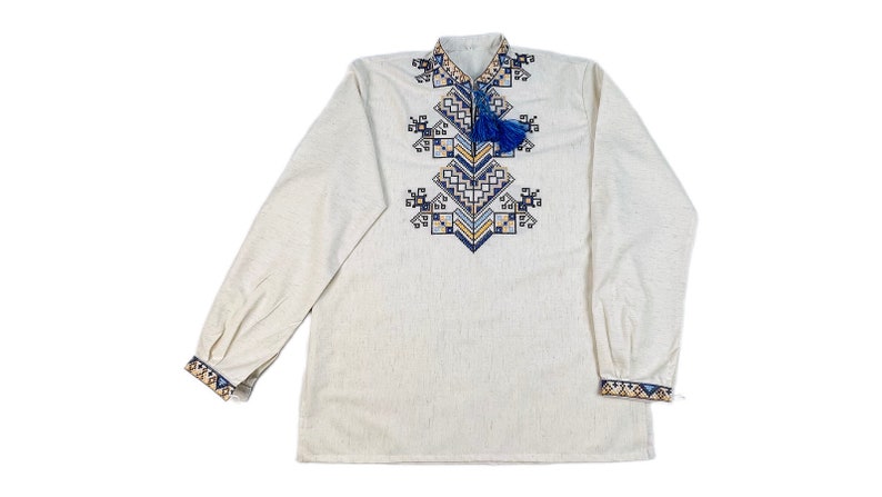 Men’s Ukrainian Embroidered Shirt Vyshyvanka, White Folk Long Sleeve with Blue Geometric Pattern and Tassel Neck, Traditional Slavic Top