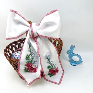 Spring Decorative Bow with Beaded Floral Embroidery, Handmade Seasonal Basket Accent