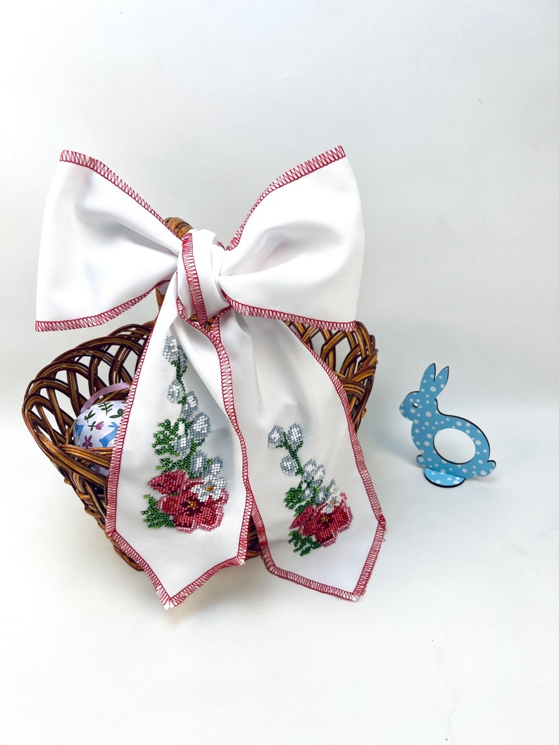 Spring Decorative Bow with Beaded Floral Embroidery, Handmade Seasonal Basket Accent