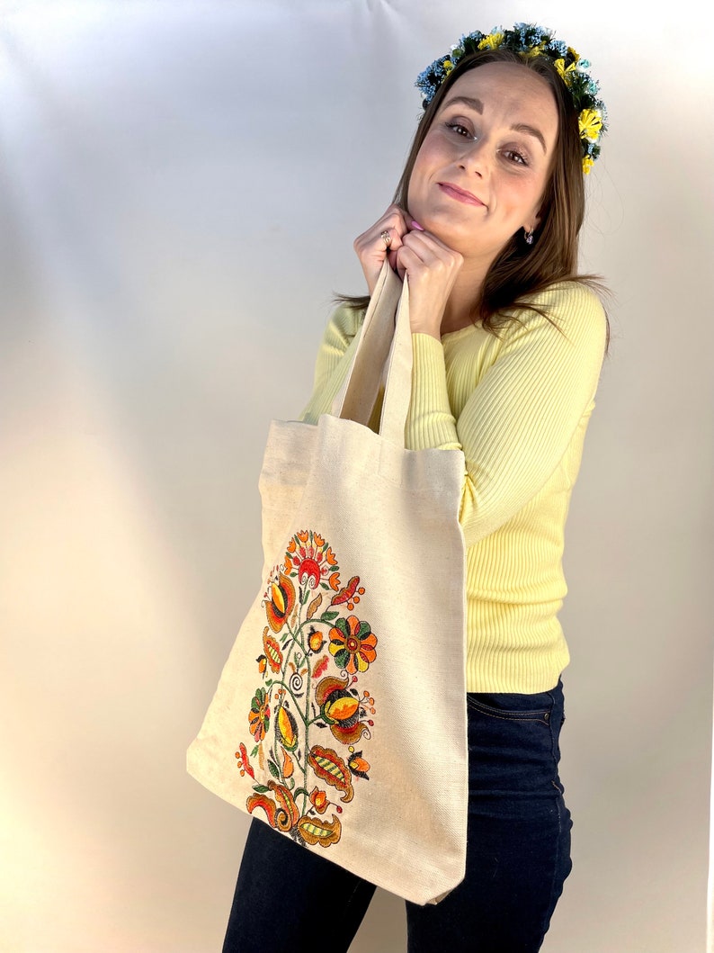 Embroidered Canvas Tote Bag with Folk Floral Design, Handmade Cotton Shopping Bag, Eco Friendly Everyday Tote