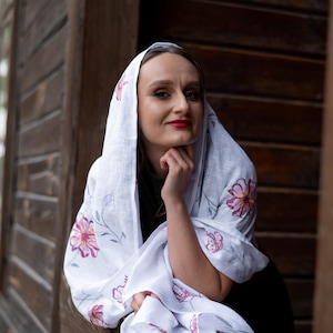 White linen scarf with pink floral embroidery