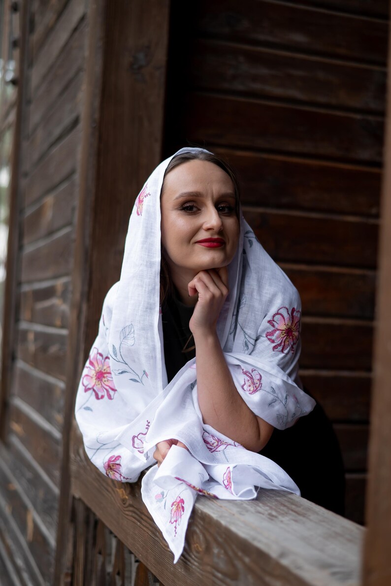 White linen scarf with pink floral embroidery