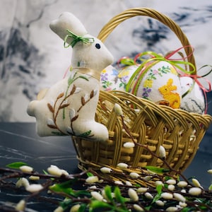 Handmade linen Easter bunny ornament with willow embroidery
